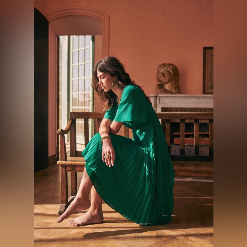 Sezane Emerald Green Pleated Midi Dress - Picture 3 of 8